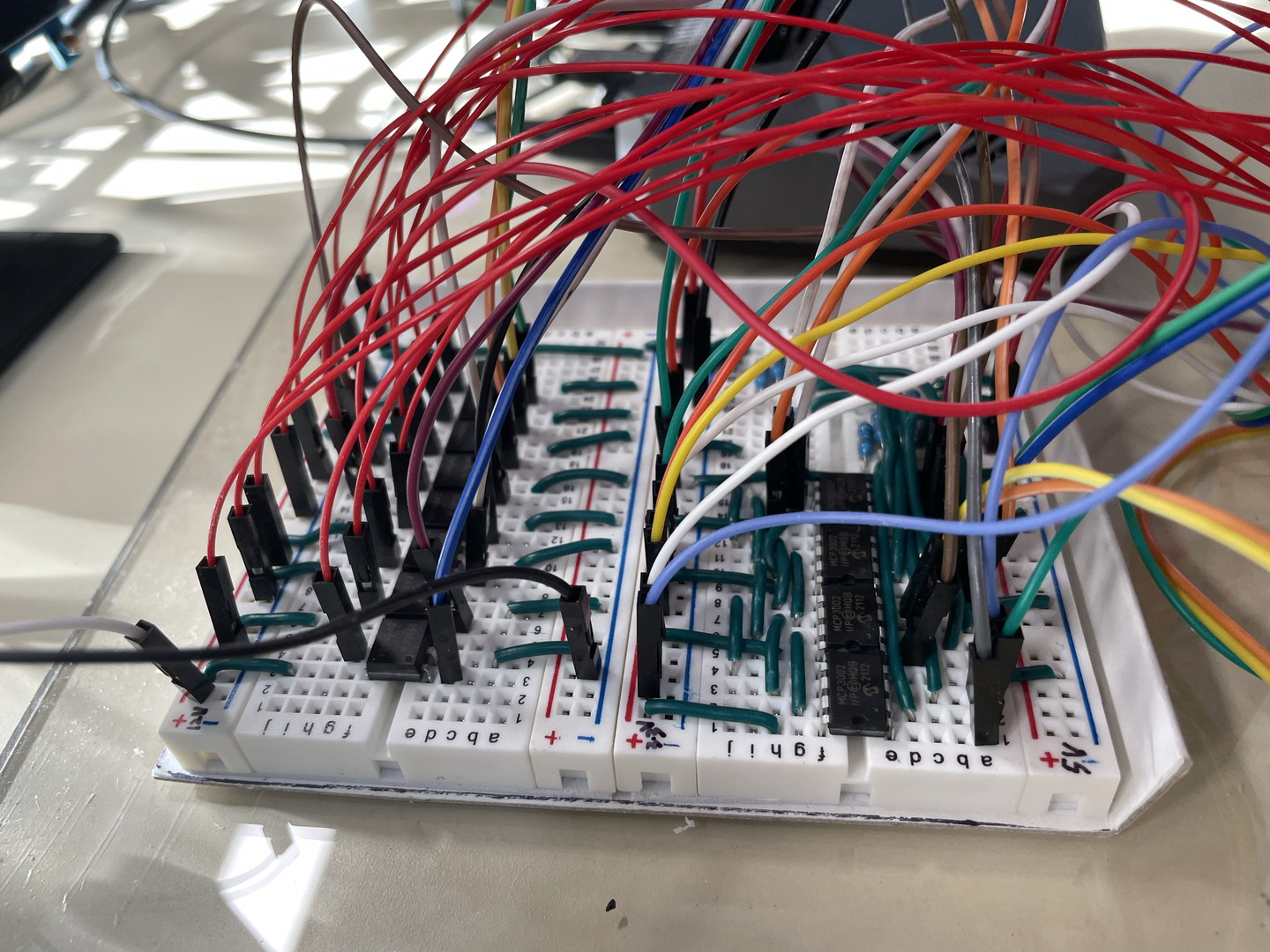 Another angle of the breadboard circuit.