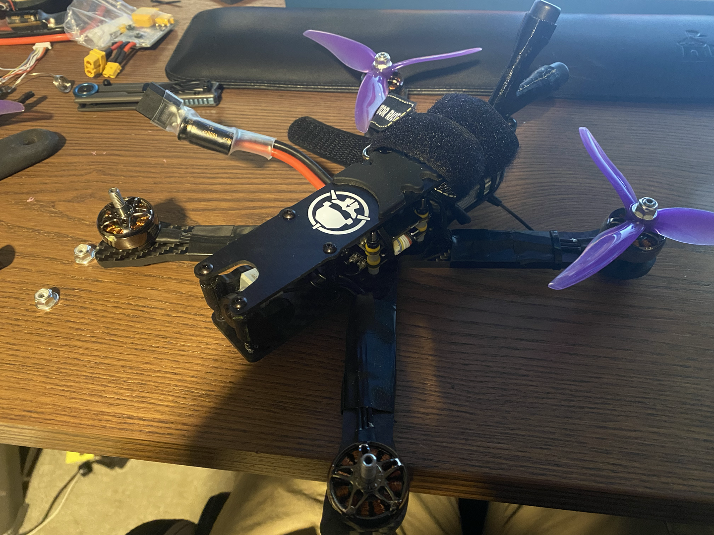 Drone in an almost-complete state, electronics partially installed.