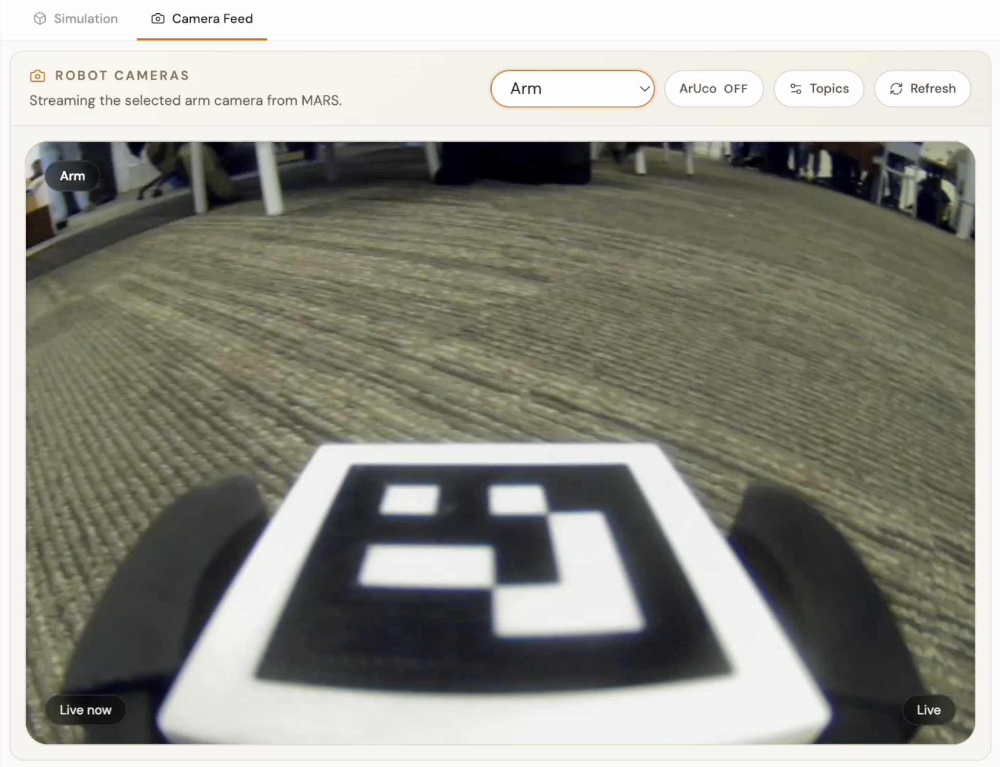 Camera view of the robot picking up a block.