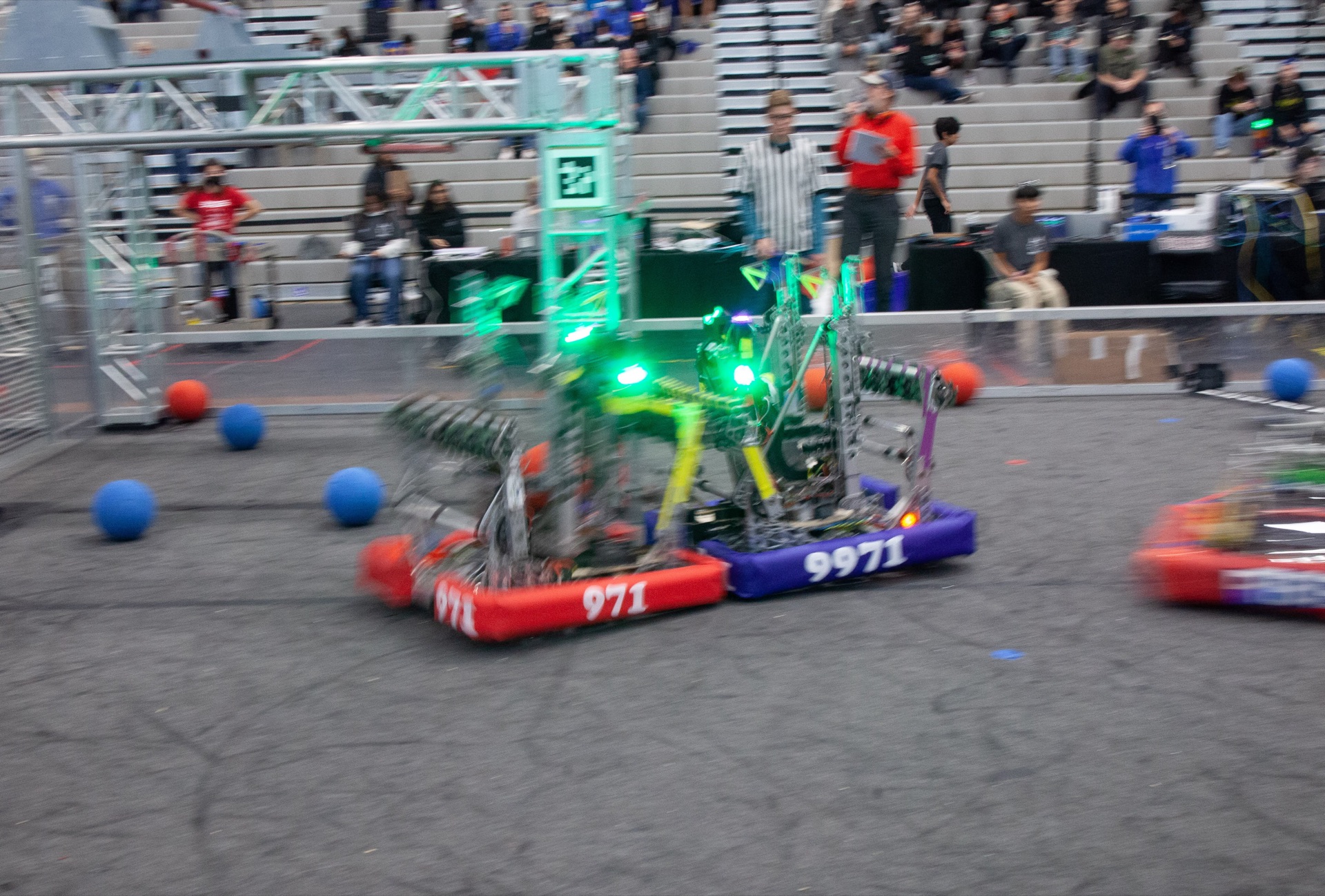 Two of our robots smashing into each other mid-match, motion blur and all.