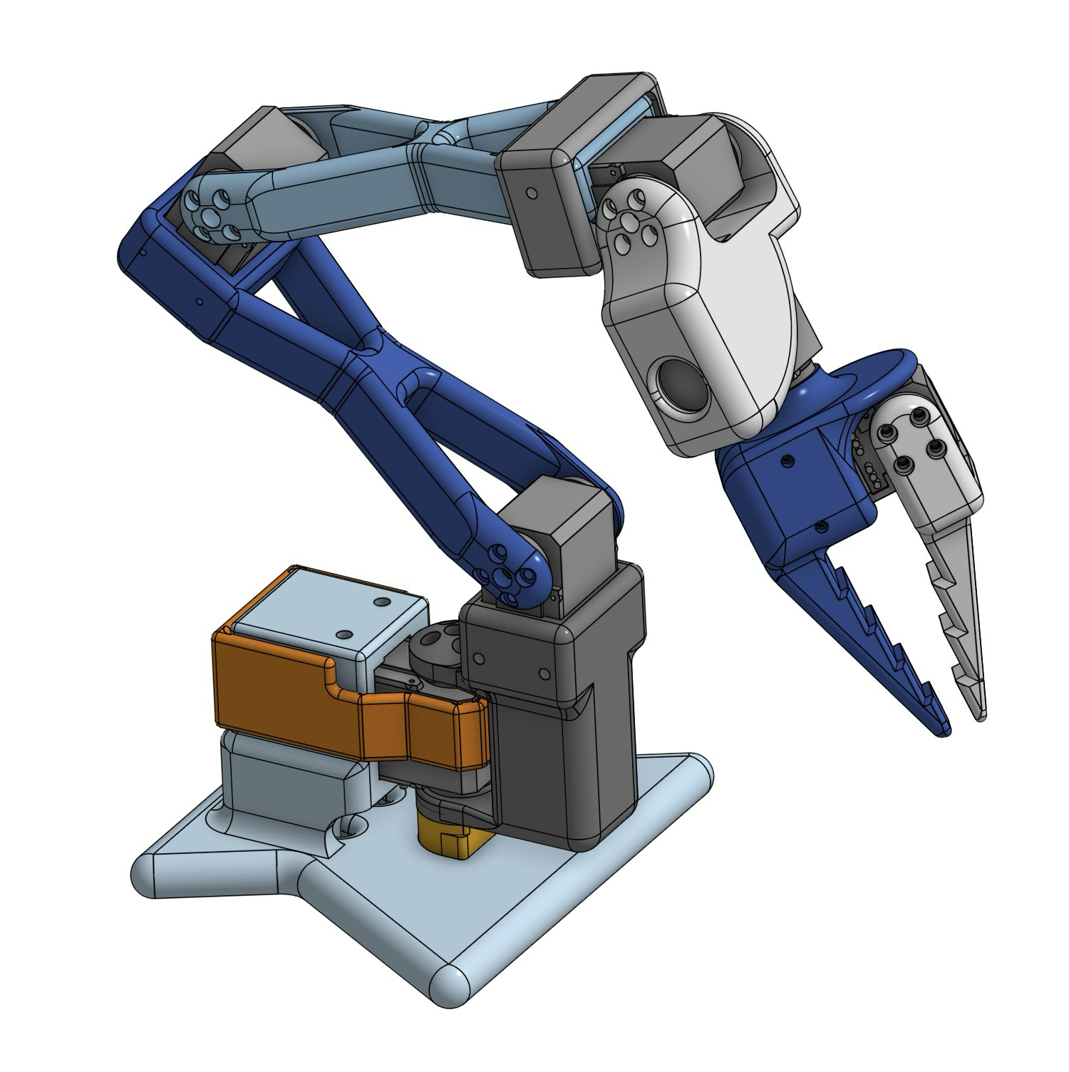 Complete CAD model designed in Onshape showing all mechanical components, joint assemblies, and structural elements.